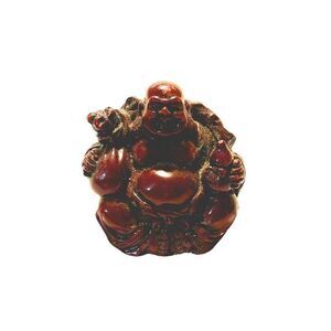 Vintage Budai Laughing Sitting Buddha Burgundy Red Resin Figurine
